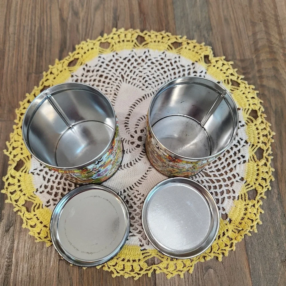 Vintage 70s Set Of 2 Floral Canister Hippie Retro Tins MCM Flower Power 4.5in